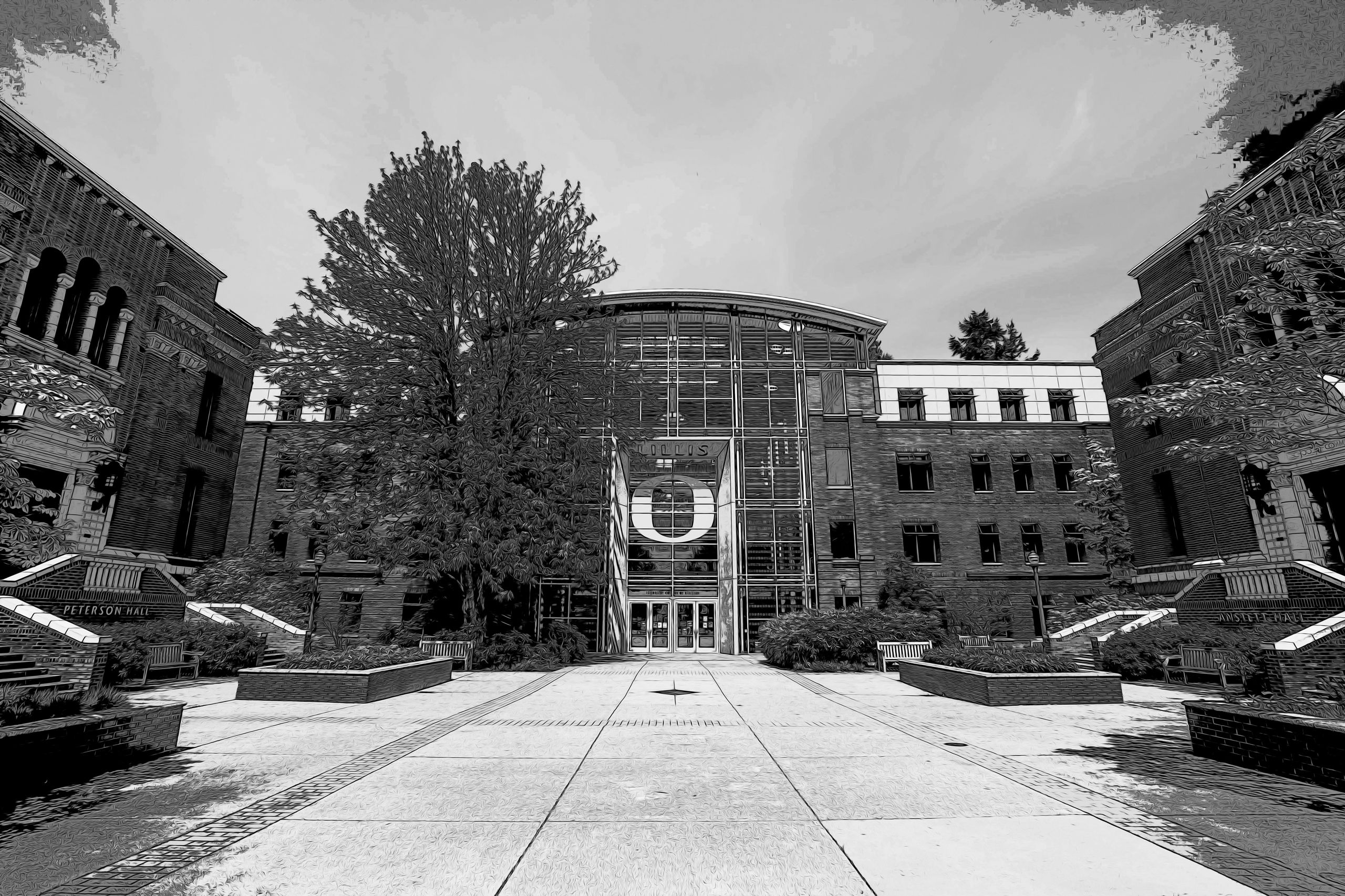A black-and-white comic book-style illustration of the Lillis Business Complex