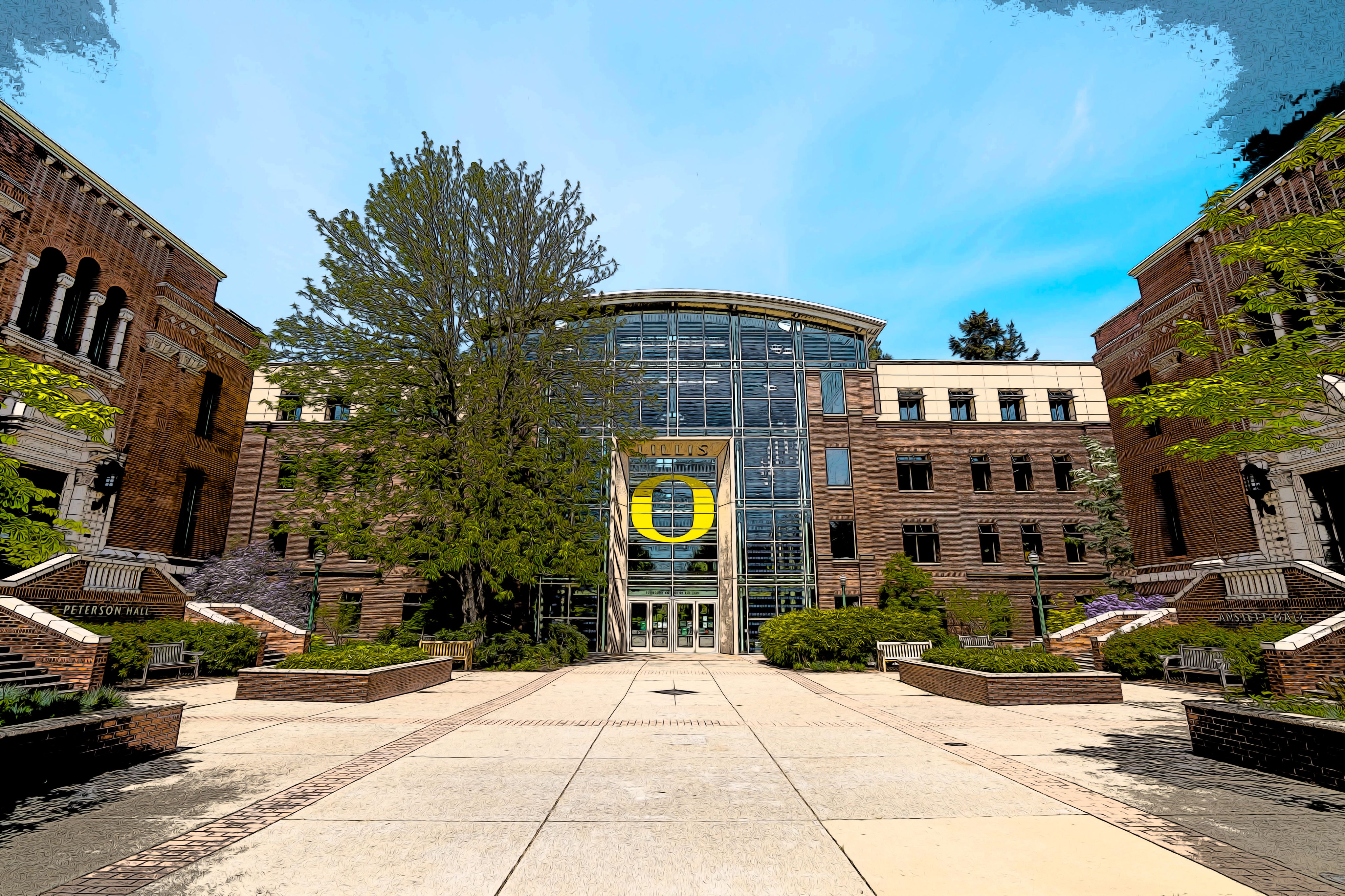 A color comic book-style illustration of the Lillis Business Complex