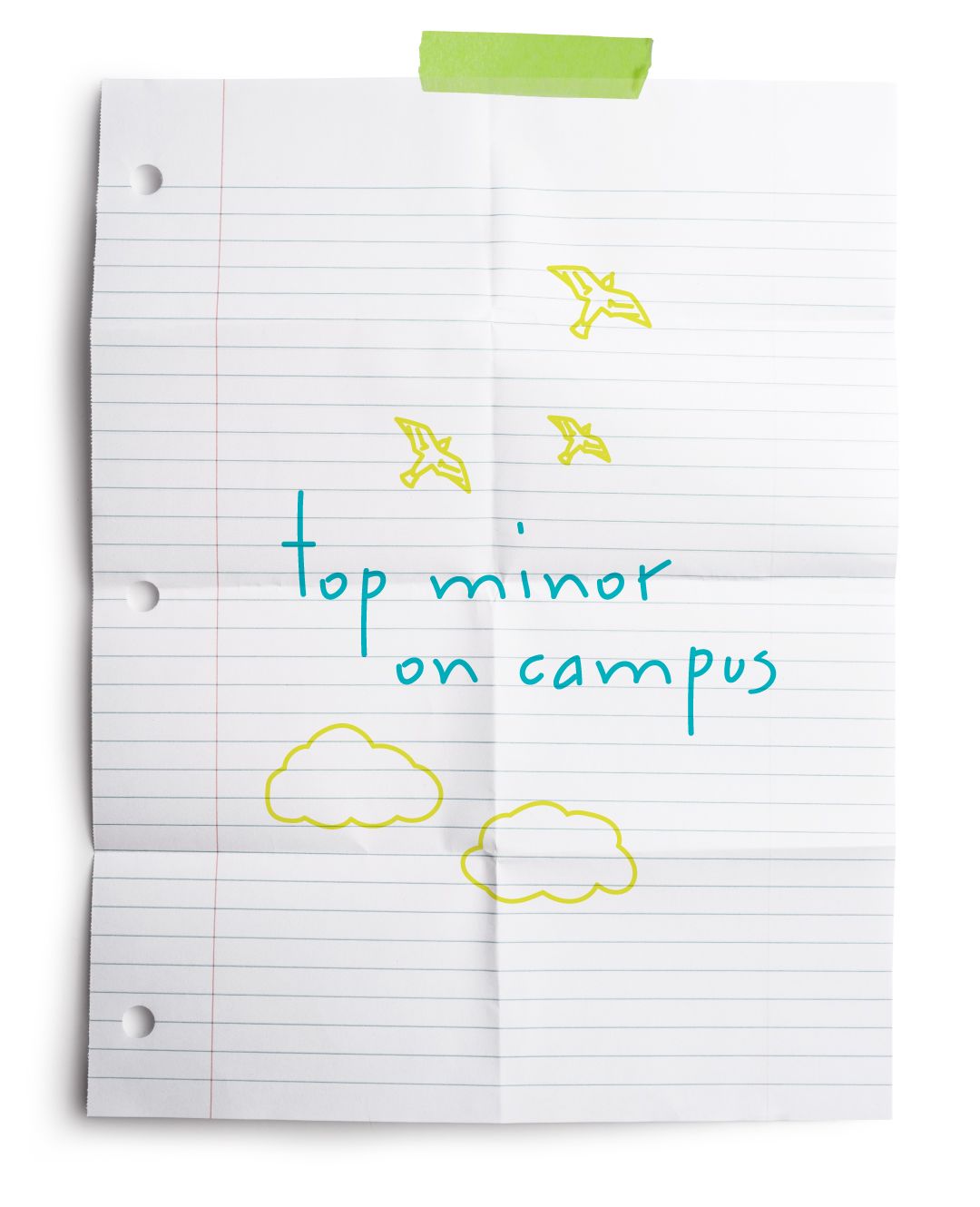 An image of a piece of notebook paper and hand-drawn doodles with the words top minor on campus