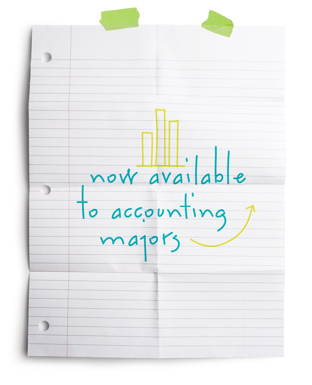 An image of a piece of notebook paper and hand-drawn doodles with the words now available to accounting majors