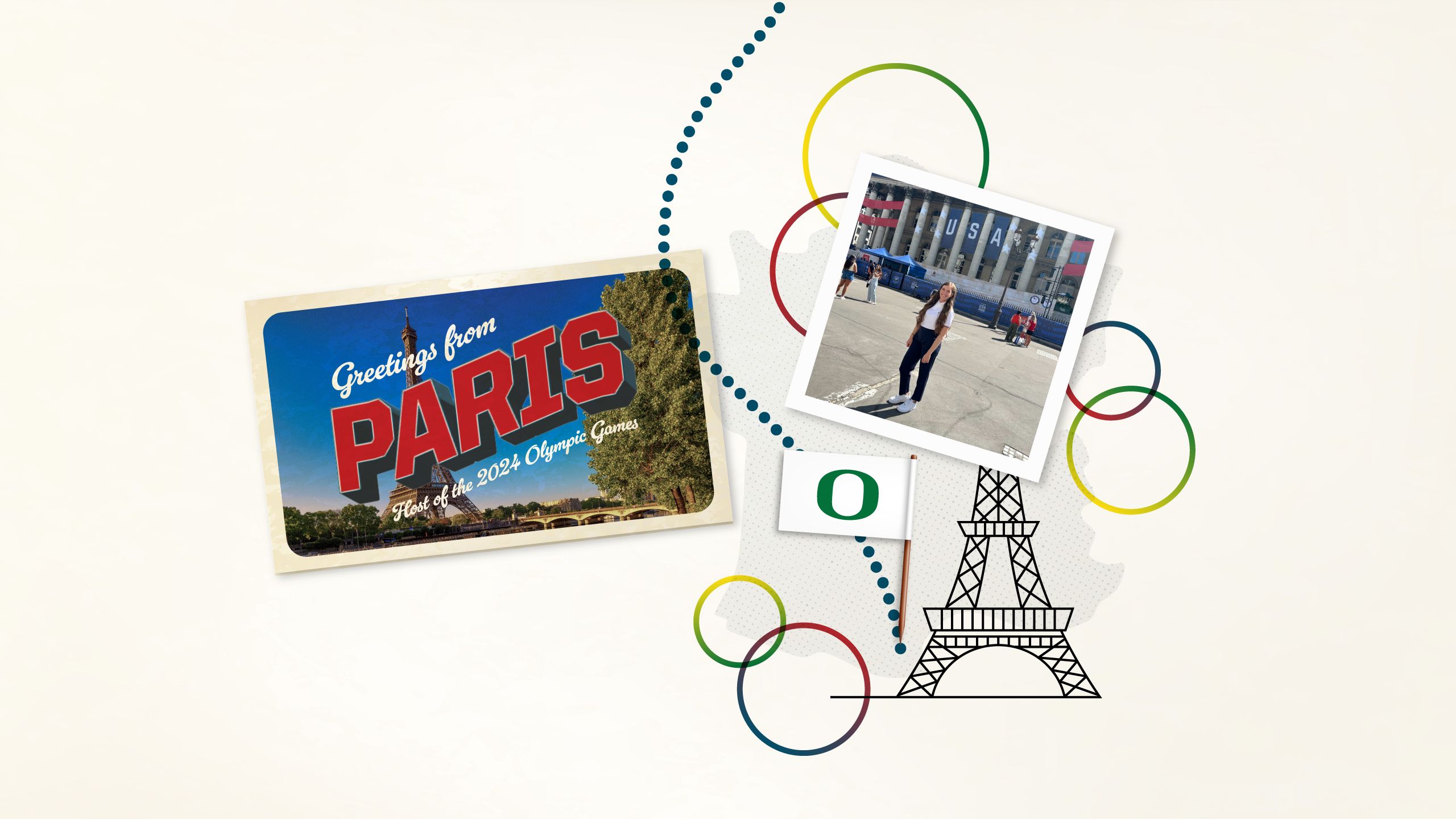 A collage image with a line drawing of the Eiffel Tower, a flag with the University of Oregon O, and a postcard from Paris