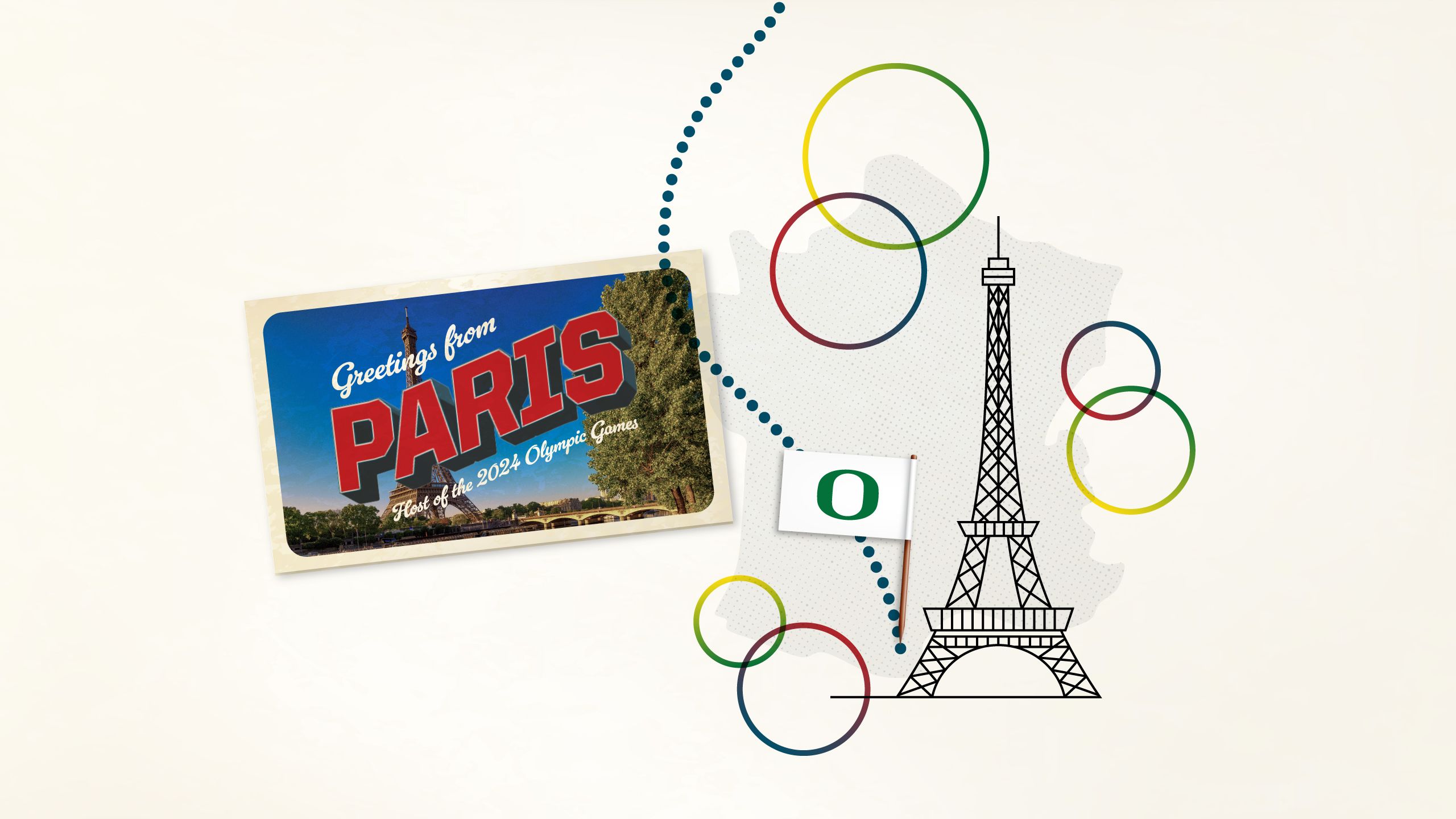 A collage image with a line drawing of the Eiffel Tower, a flag with the University of Oregon O, and a postcard from Paris