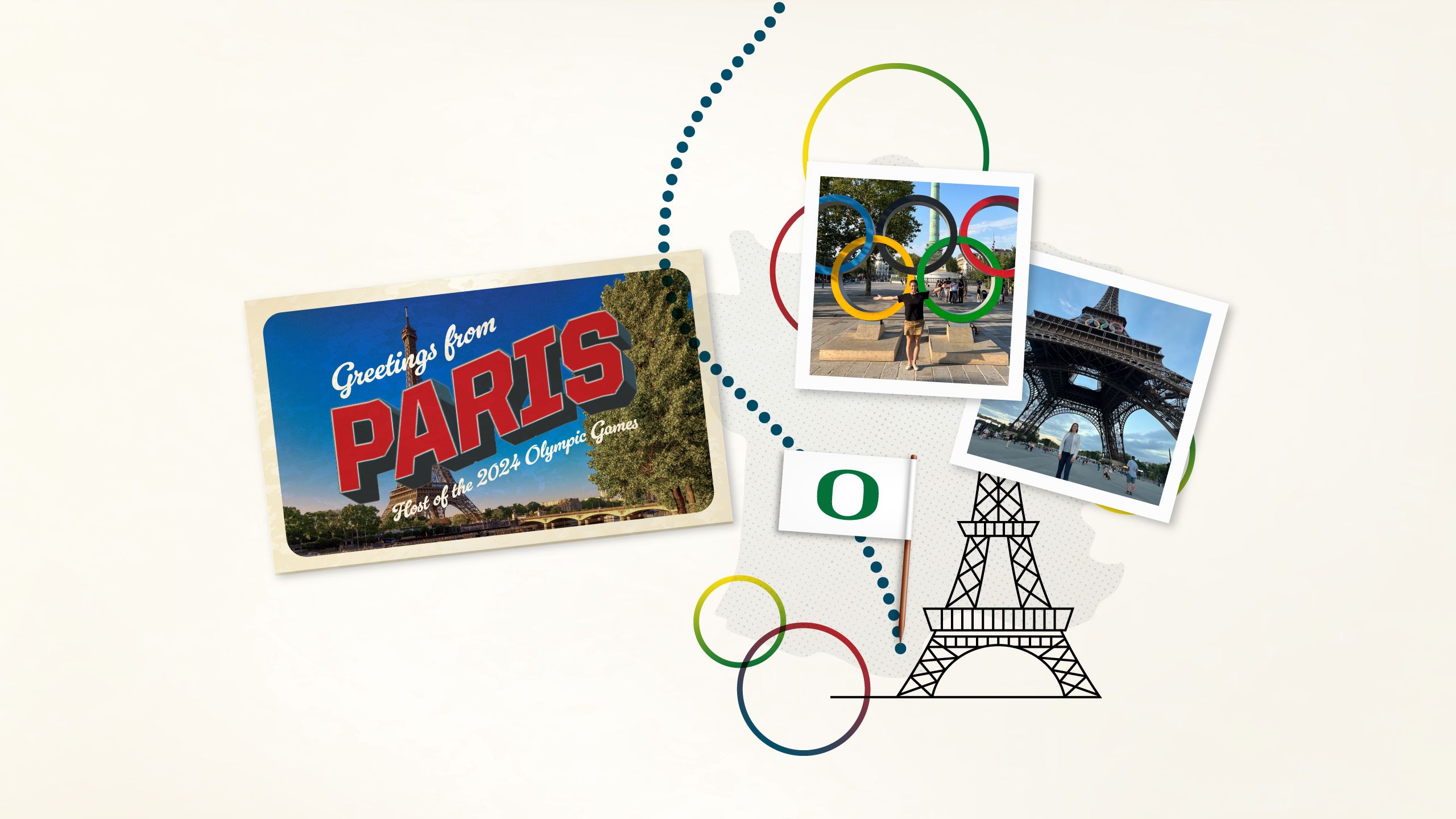 A collage image with a line drawing of the Eiffel Tower, a flag with the University of Oregon O, and a postcard from Paris