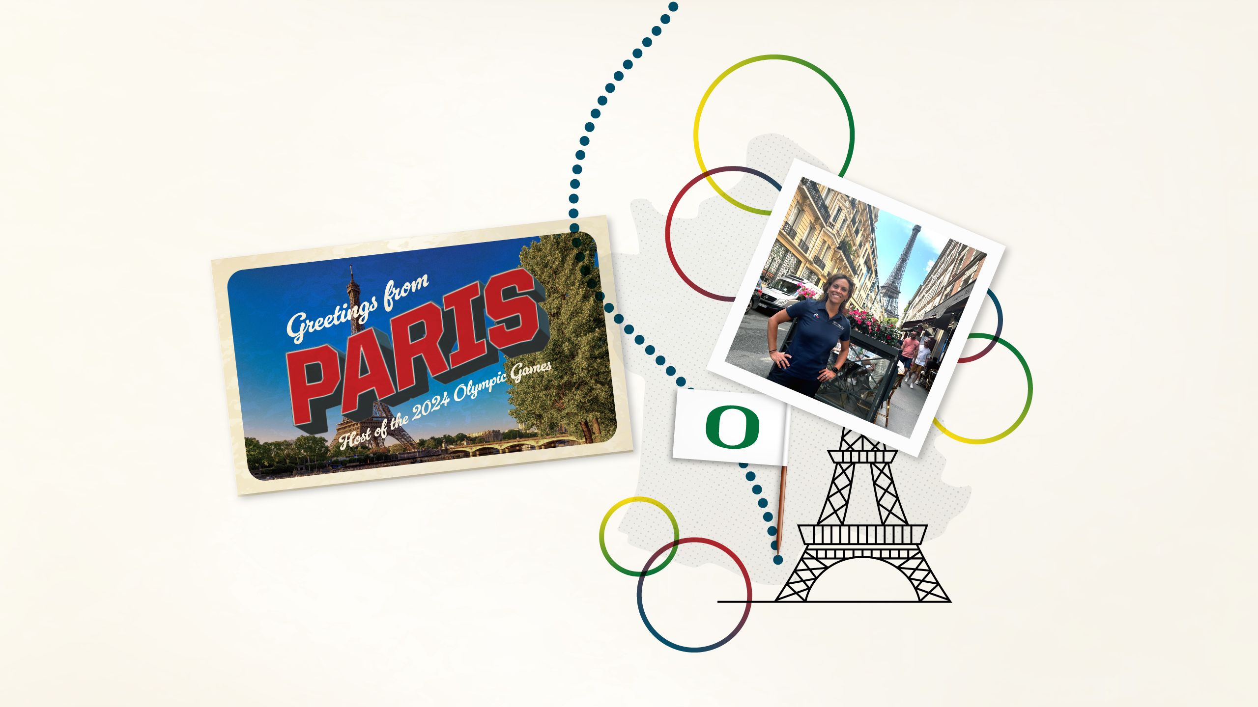 A collage image with a line drawing of the Eiffel Tower, a flag with the University of Oregon O, and a postcard from Paris