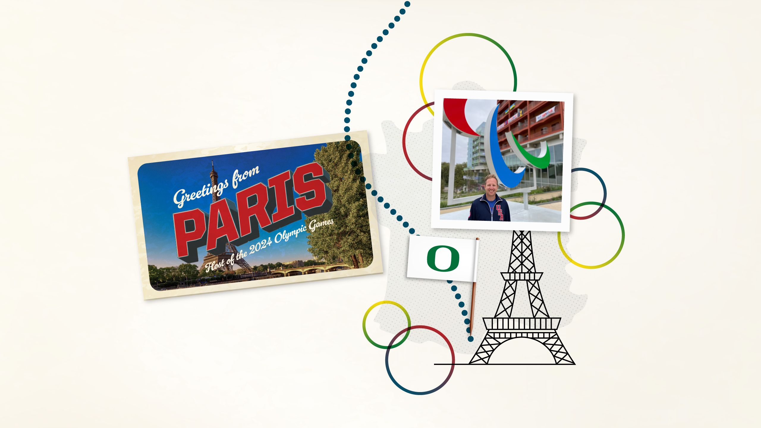 A collage image with a line drawing of the Eiffel Tower, a flag with the University of Oregon O, and a postcard from Paris