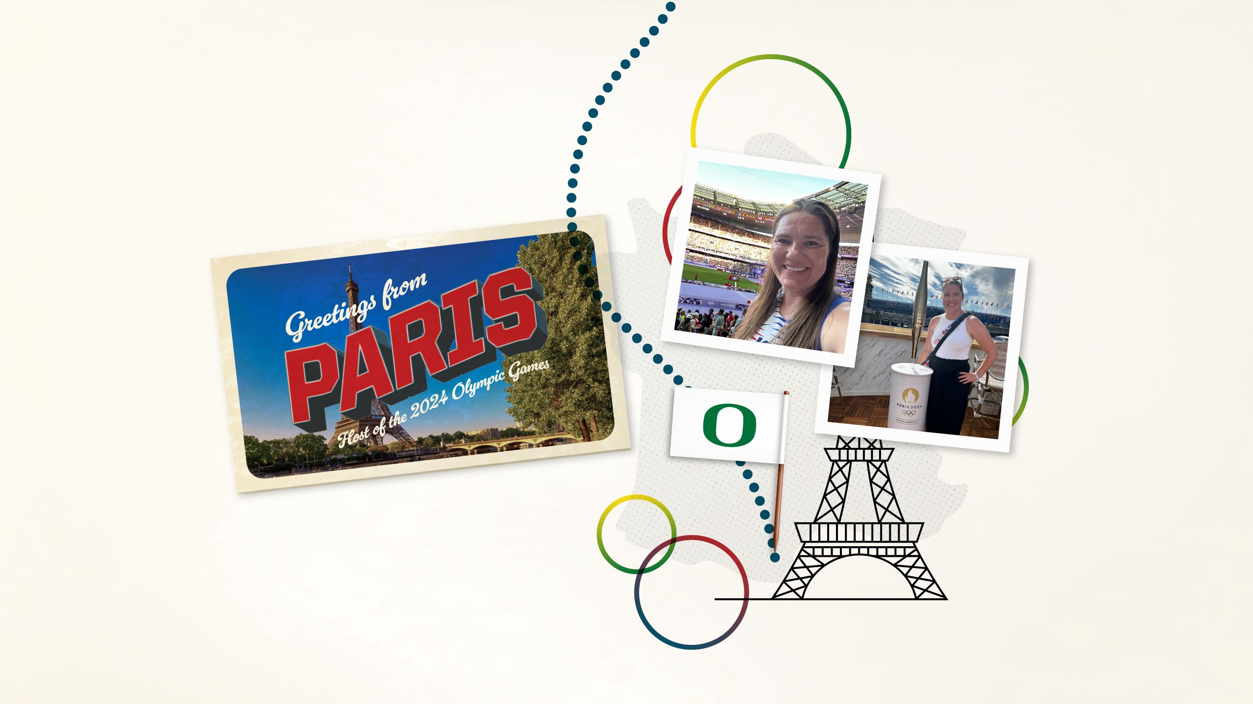 A collage image with a line drawing of the Eiffel Tower, a flag with the University of Oregon O, and a postcard from Paris