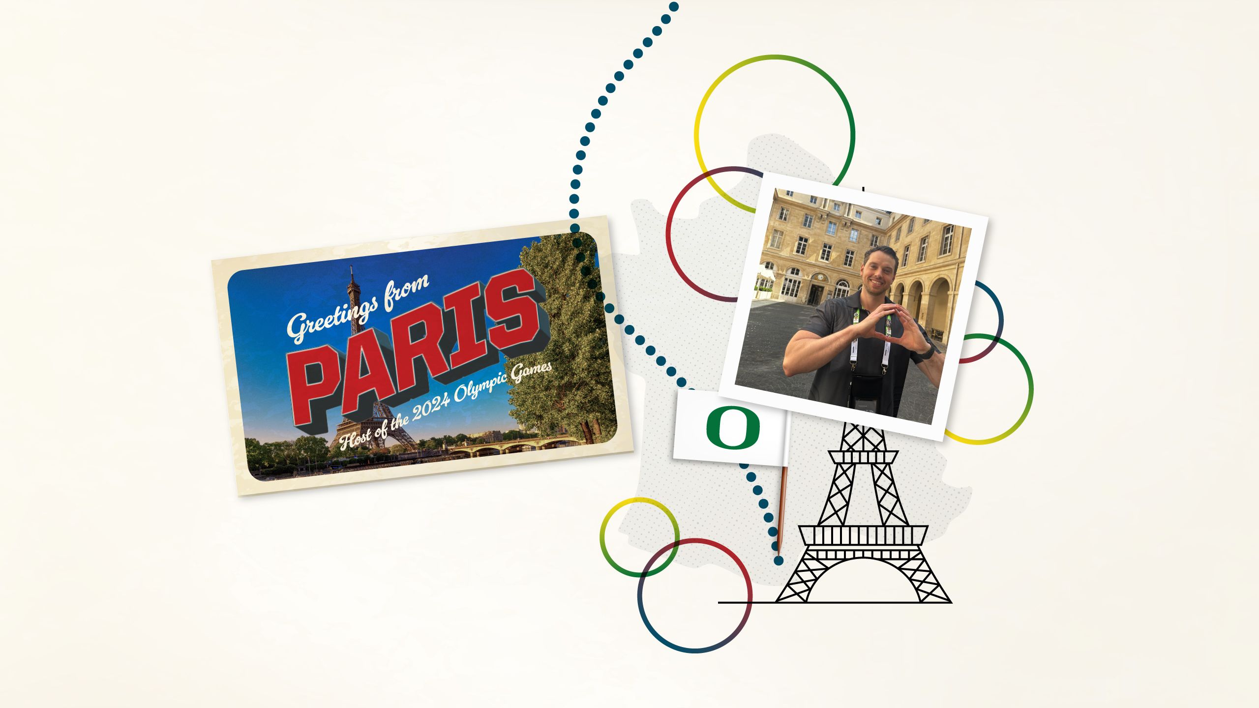 A collage image with a line drawing of the Eiffel Tower, a flag with the University of Oregon O, and a postcard from Paris