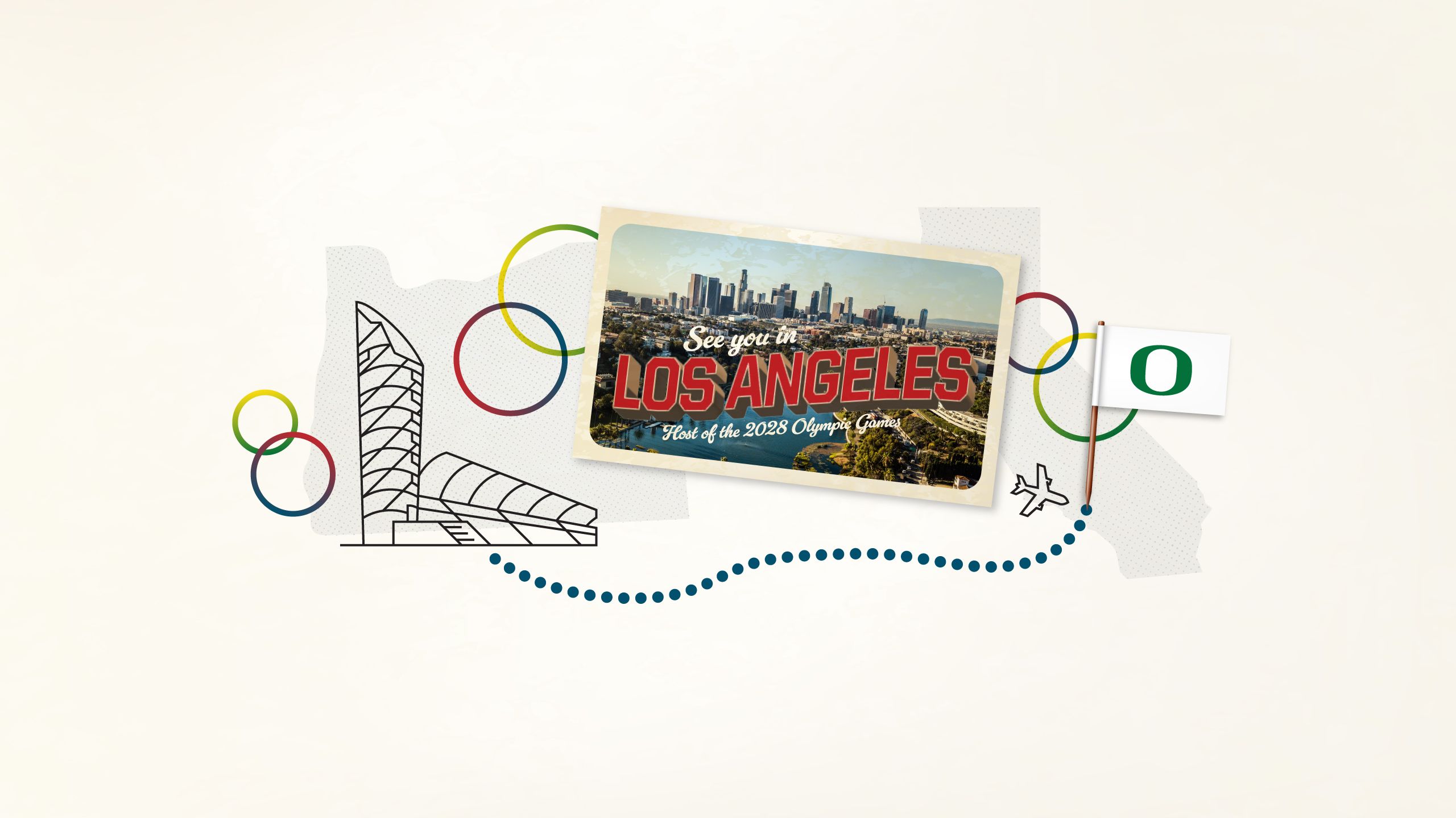 A collage image with a line drawing of Hayward Field, a flag with the University of Oregon O, and a postcard from Los Angeles
