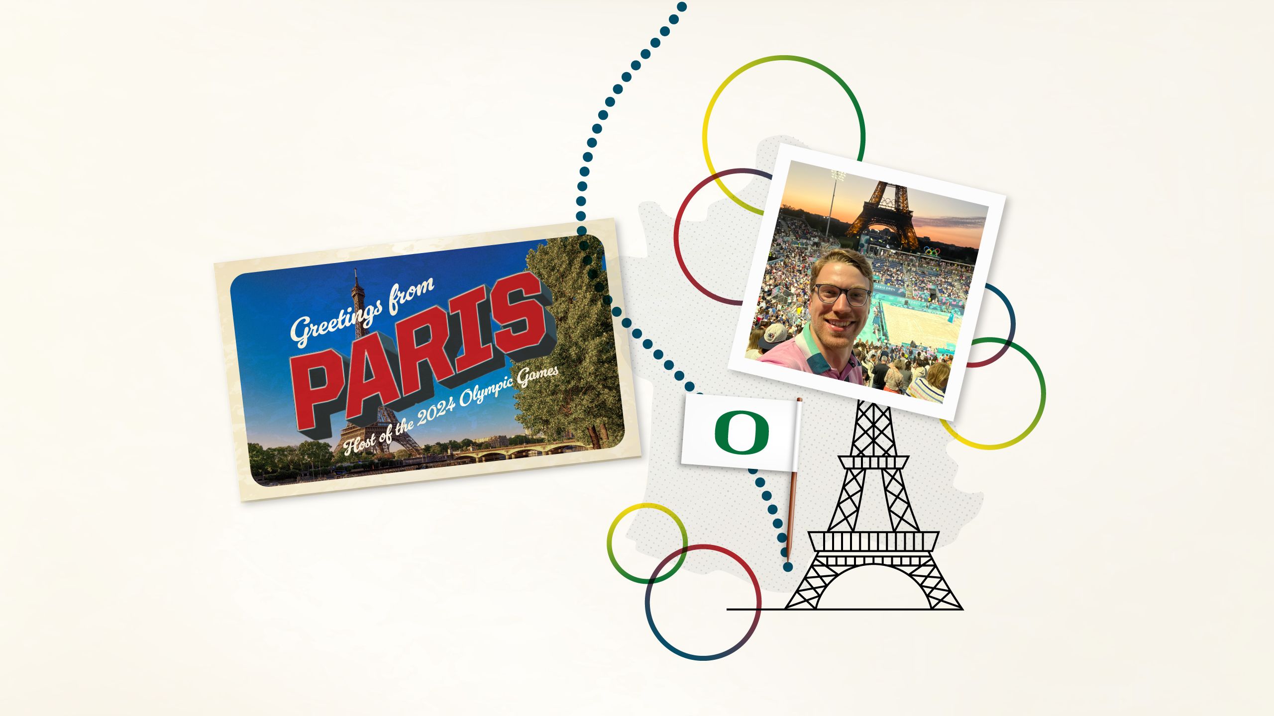 A collage image with a line drawing of the Eiffel Tower, a flag with the University of Oregon O, and a postcard from Paris