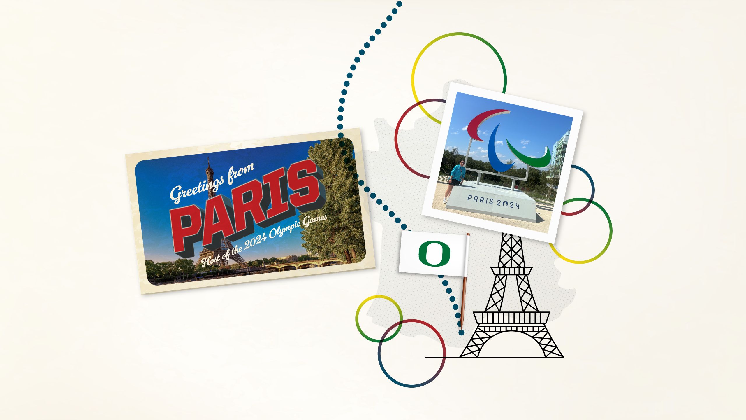 A collage image with a line drawing of the Eiffel Tower, a flag with the University of Oregon O, and a postcard from Paris