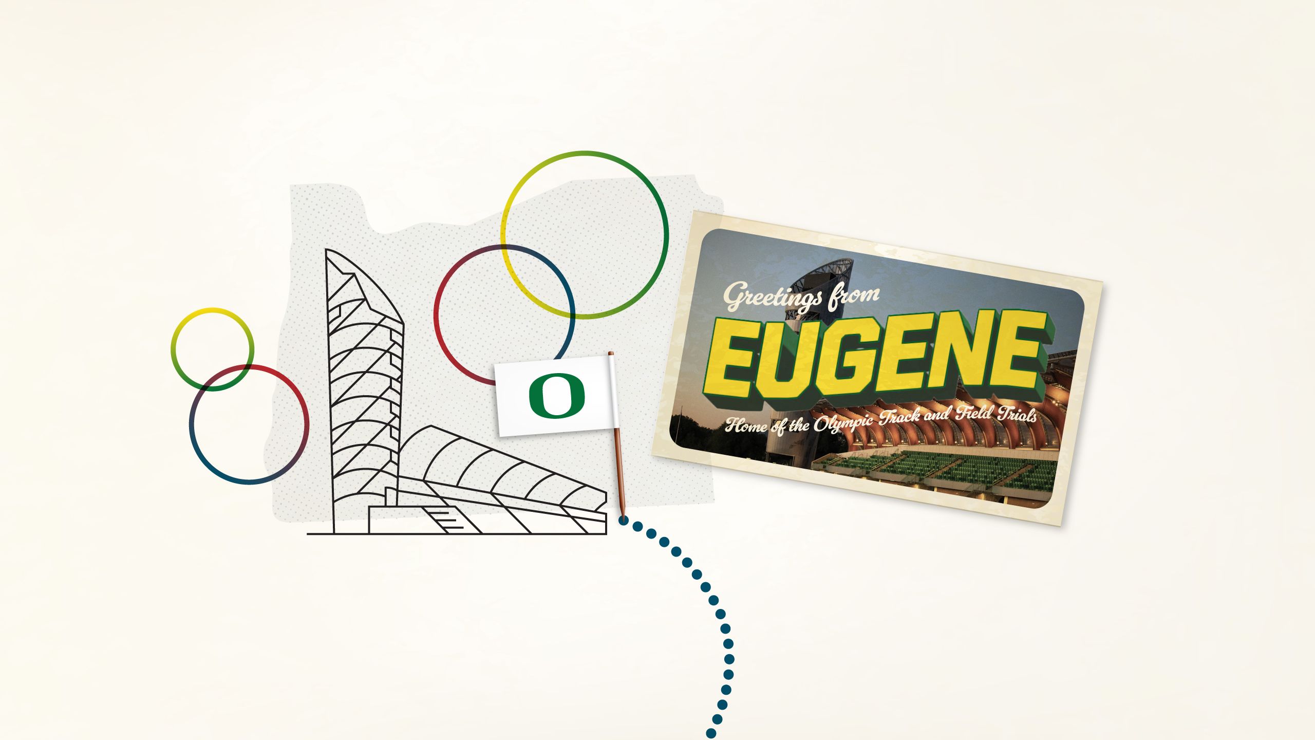 A collage image with a line drawing of Hayward Field, a flag with the University of Oregon O, and a postcard from Eugene