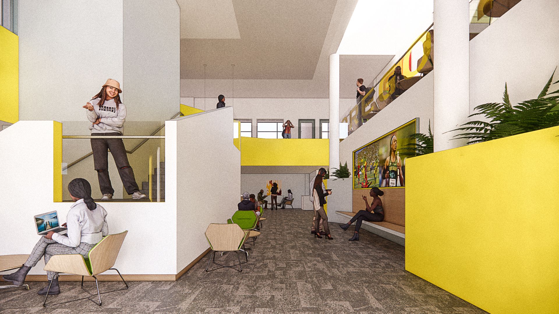 A rendering of the Portland Campus Center showing students sitting, studying, and talking