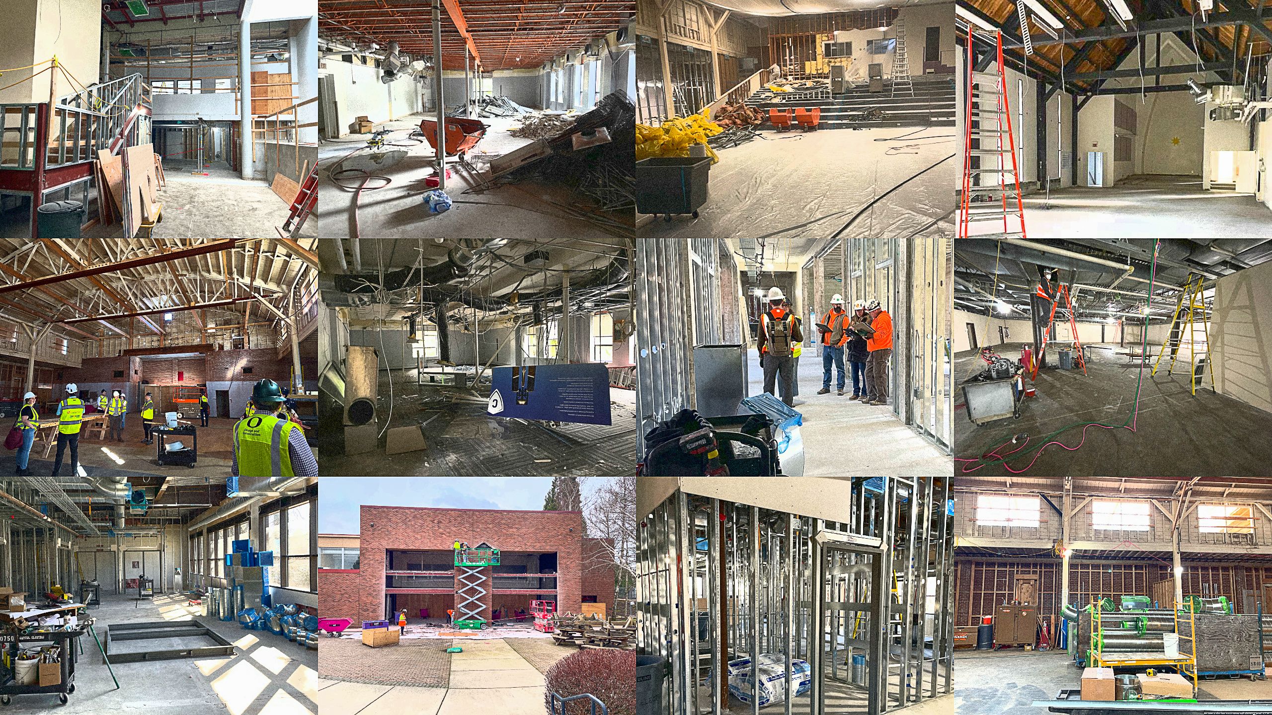 Several photos showing stages of construction on the UO Portland campus