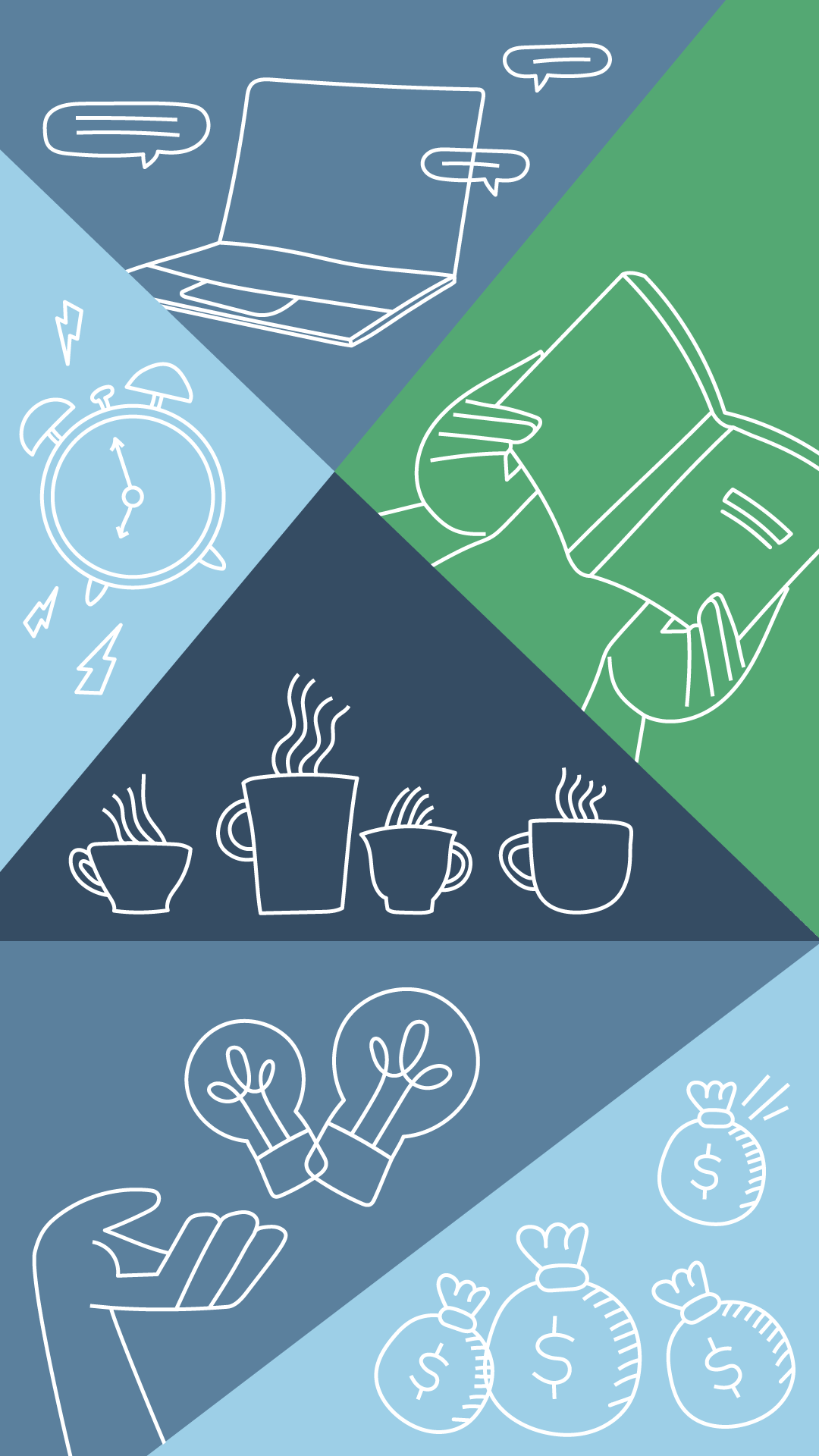 An additional illustration of a hand holding two lightbulbs on a light blue background.