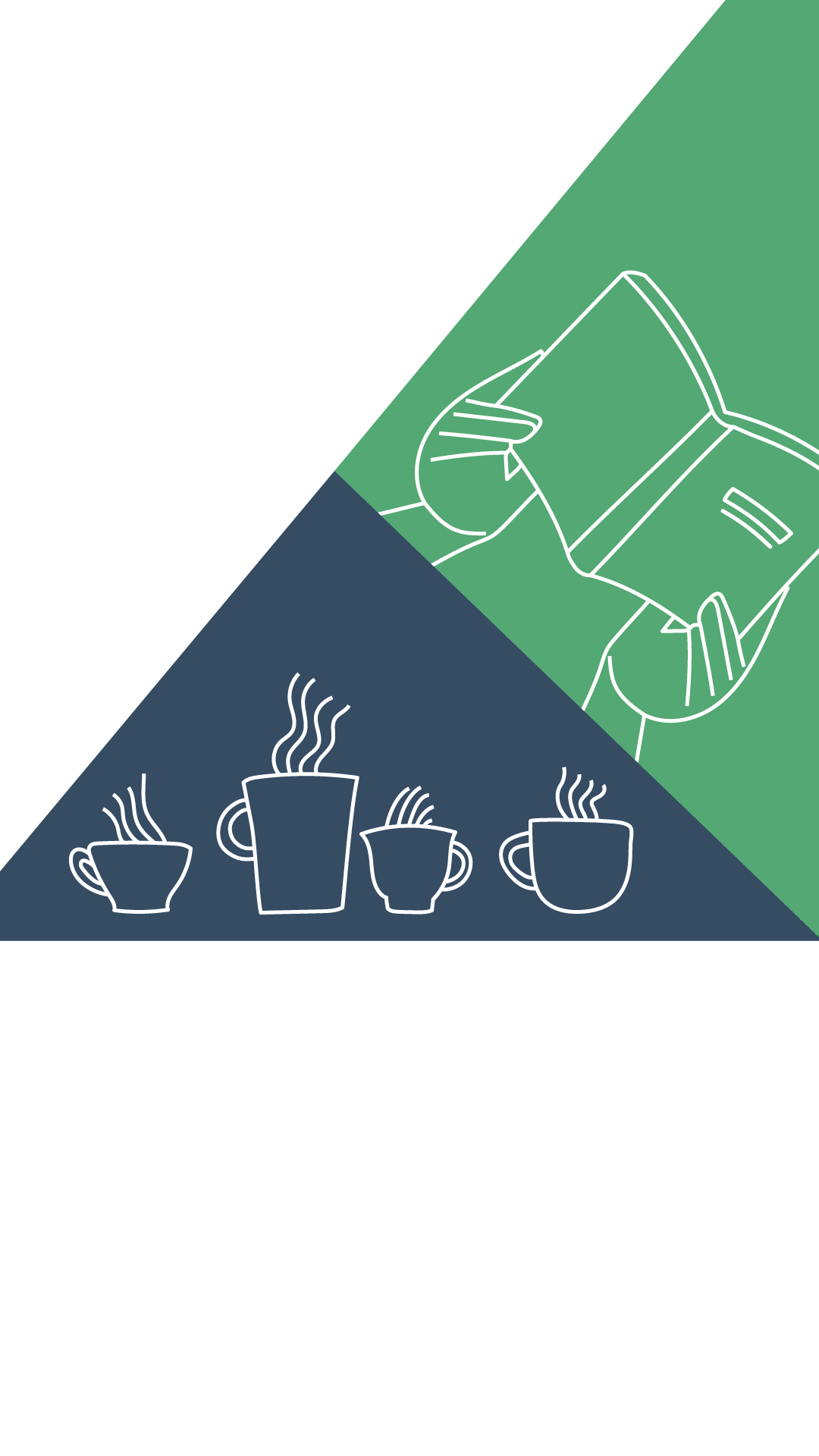 An additional illustration of four coffee mugs with steam coming off the top, on a dark blue background.