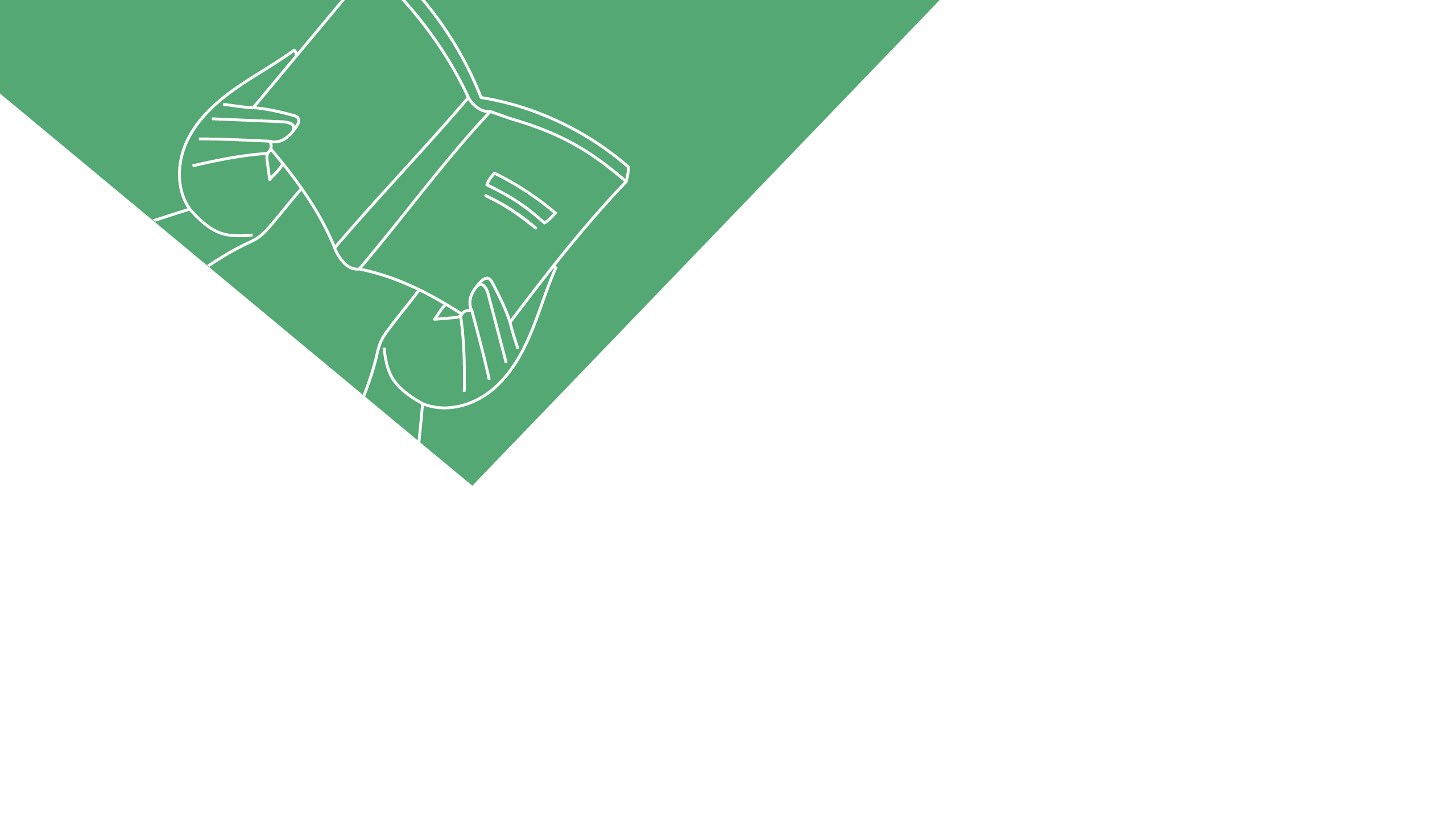 An illustration of two hands holing an open book on a green background.