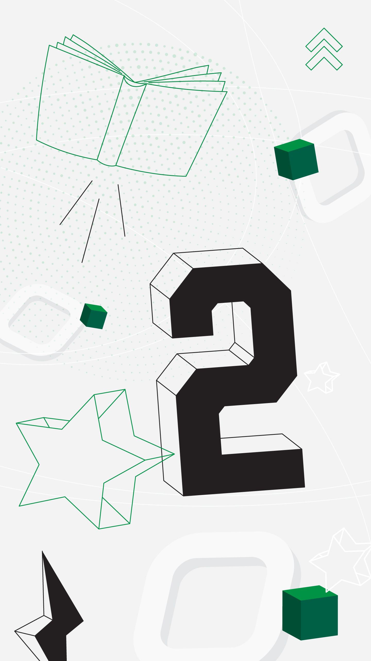 An illustrated collage with the number 2, stars, and a flying book.