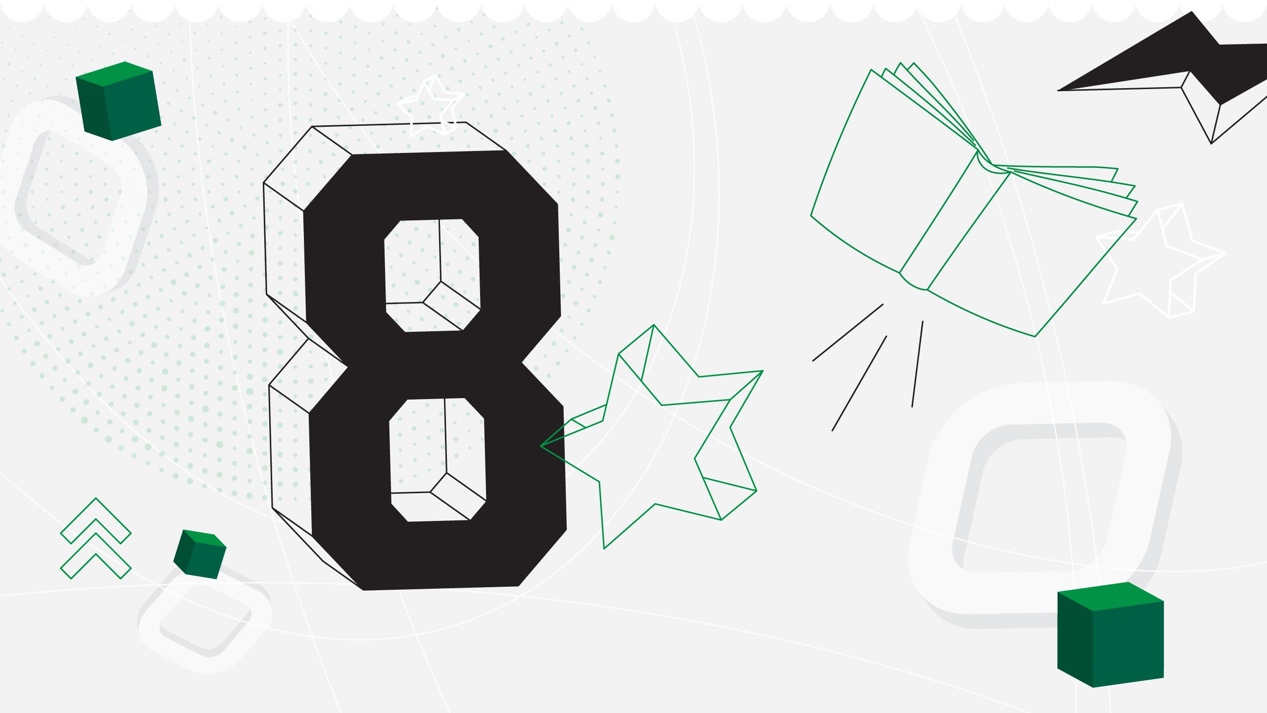 An illustrated collage with the number 8, stars, and a flying book.