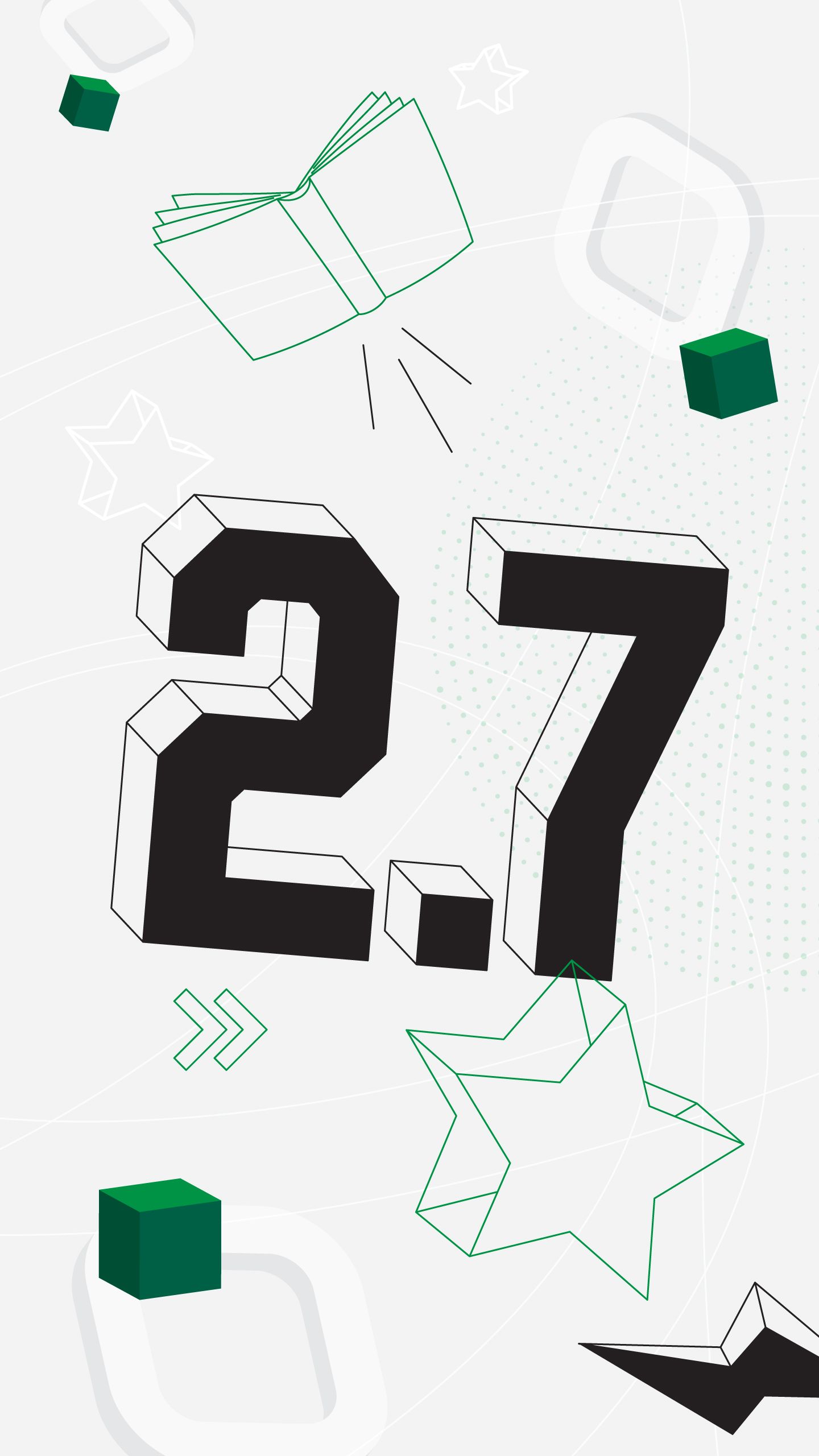 An illustrated collage with the number 2.7, stars, and a flying book.