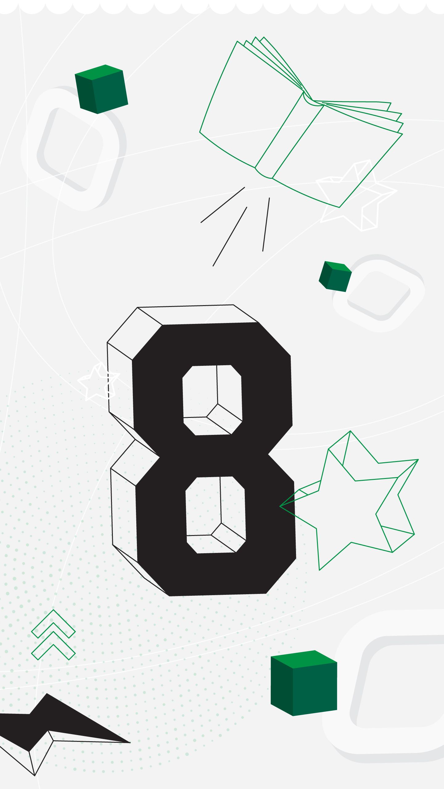 An illustrated collage with the number 8, stars, and a flying book.