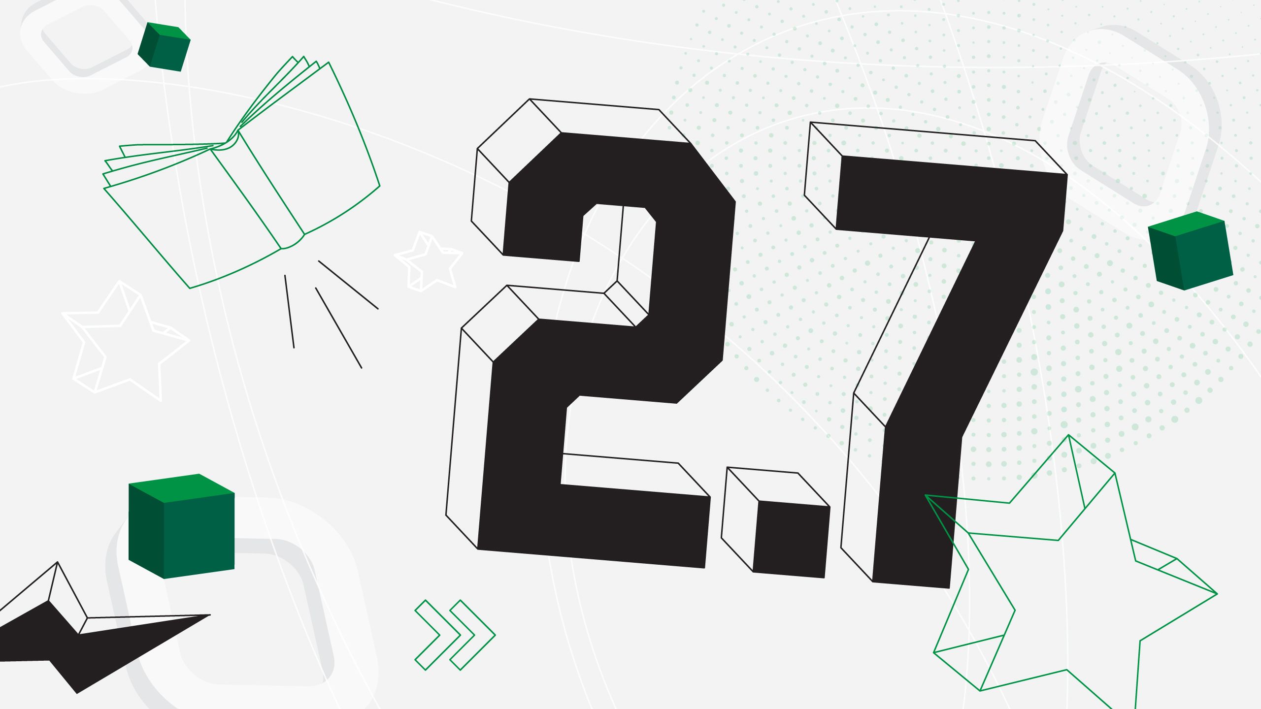 An illustrated collage with the number 2.7, stars, and a flying book.