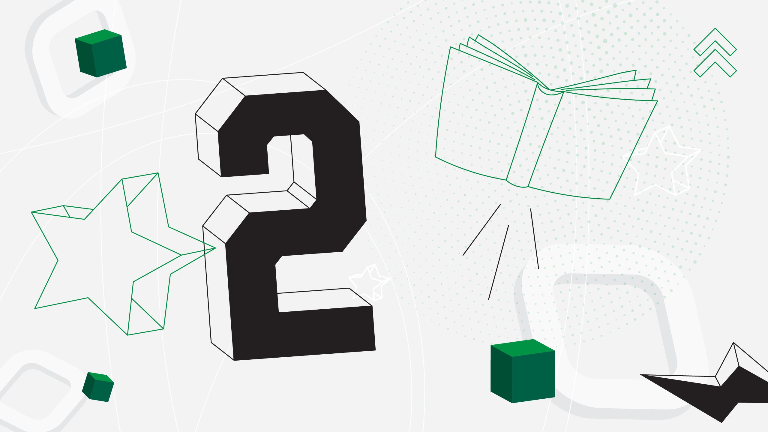 An illustrated collage with the number 2, stars, and a flying book.