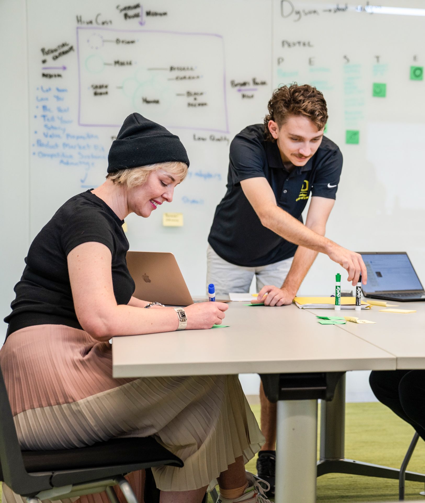 Two Oregon MBA students standing and sitting at a table, collaborating on a project with a whiteboard in the background.