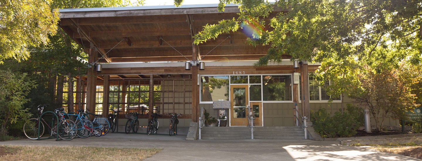 Exterior of Moss Street Children’s Center with bike racks.