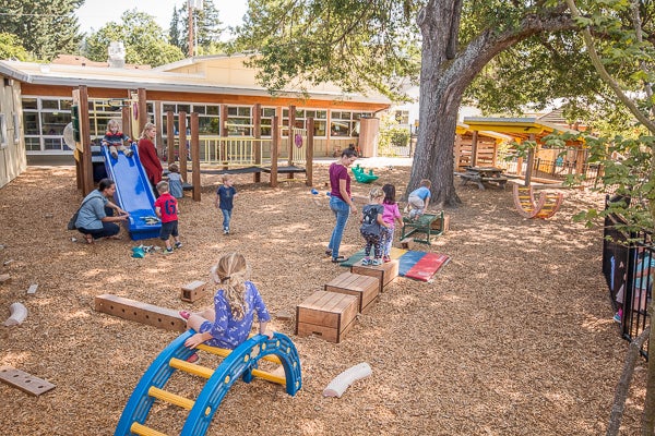 Playspace includes slides, ladder bridge, and movable play platforms.