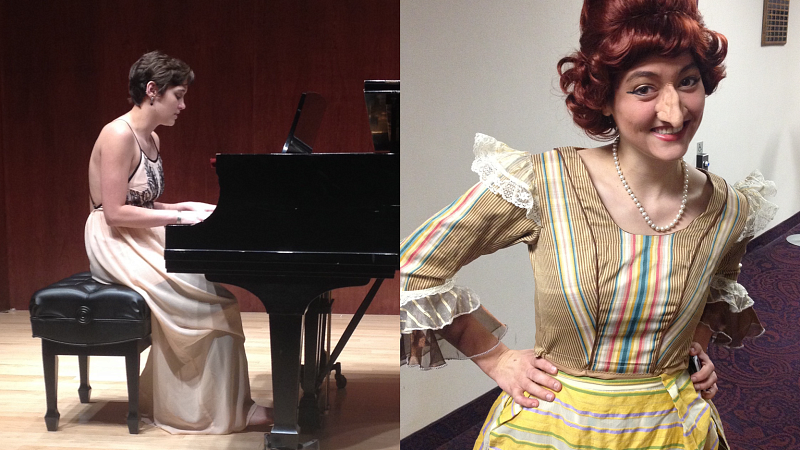 Emily performs an original song at her senior recital, Emily performs in an opera in undergrad