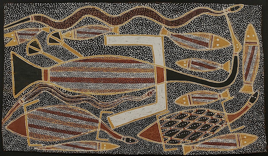 Bird, snake, lizards, and fish, Yirrkalla, Arnhem Land 30.5" x 17.75", Cat. No. 6-36