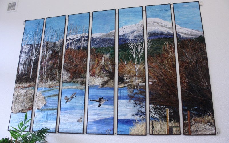 A quilted landscape scene of a lake and mountains crafted of multiple separate pieces.