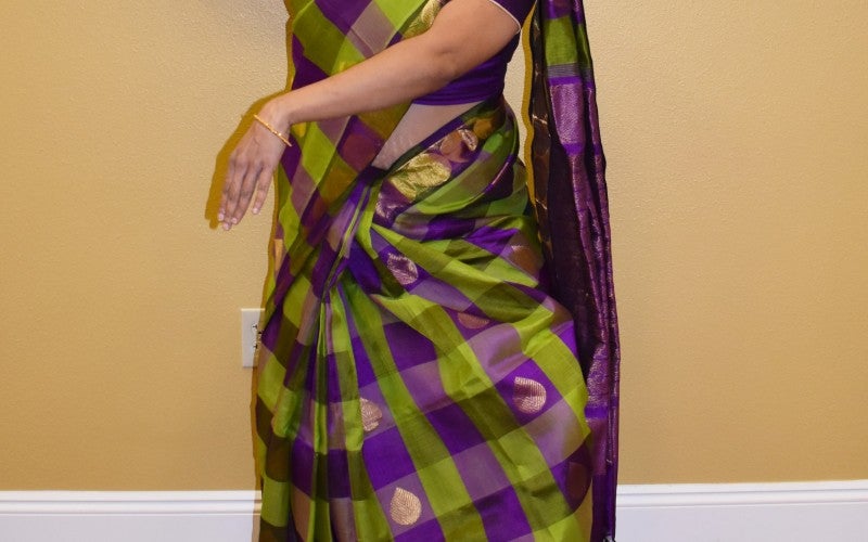 Anuradha demonstrates a traditional dance pose while wearing a purple and green traditional outfit.