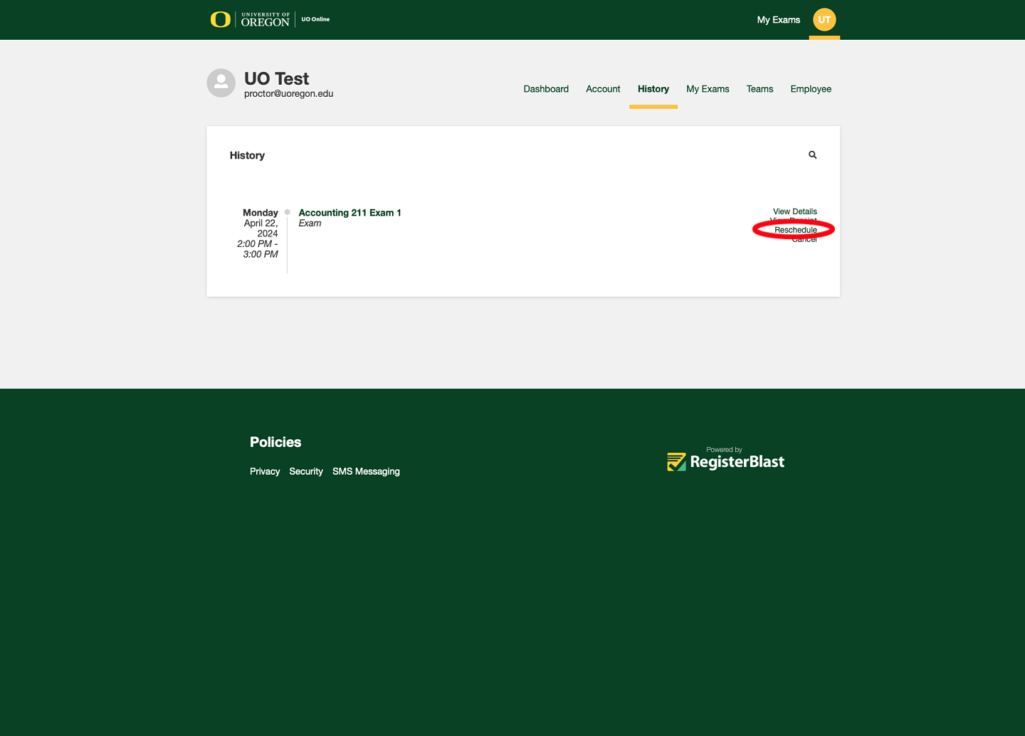 The reschedule option located on the right side of the page, the third link down