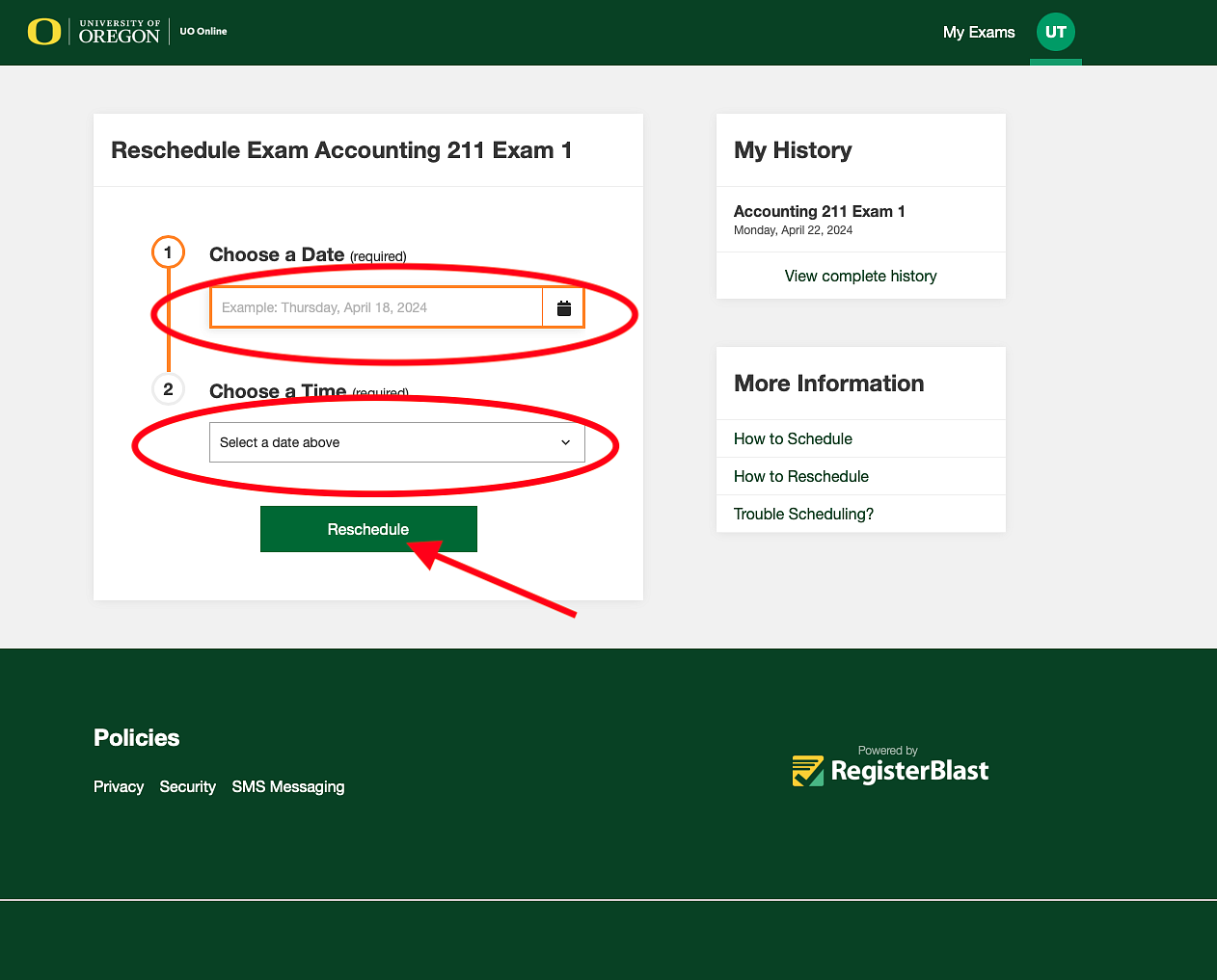 The menu options for rescheduling an exam with the date option on top with the calendar options located to the right of the bar, and the rescheduling time options located below with the time selection options located in a drop down menu