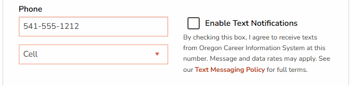 Account Settings showing the Enable Text Notifications checkbox and phone number field.