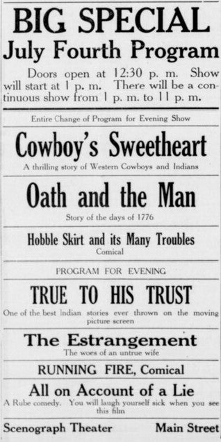 A July 4th, 1911, special screening schedule for the Scenograph Theater from Gresham Outlook, a local newspaper
