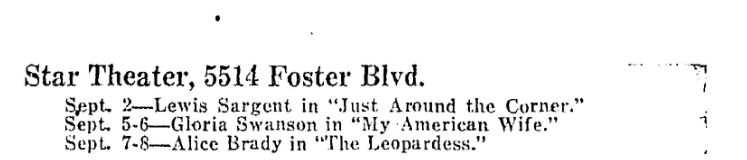A clipping from the September 2nd 1923 edition of The Oregonian, detailing the films shown at the Star Theater that week