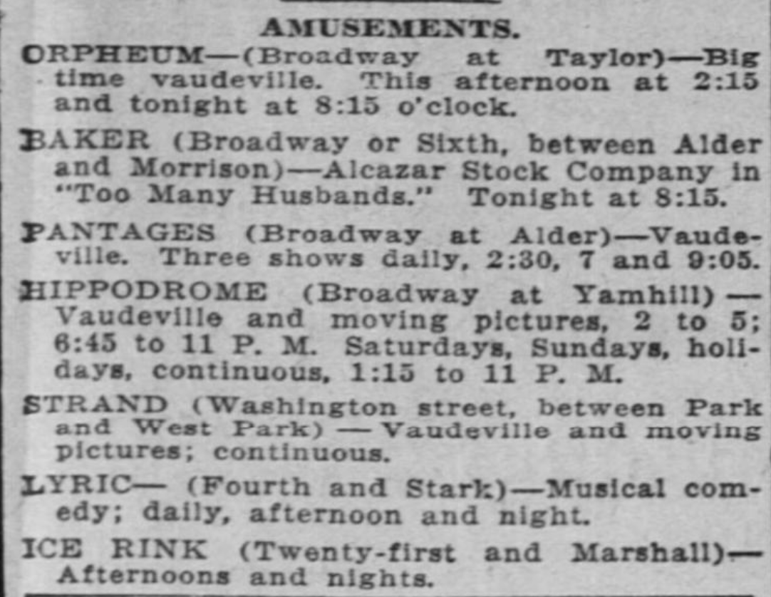 Advertisement of entertainment in Portland, including the ice rink and a movie theater.