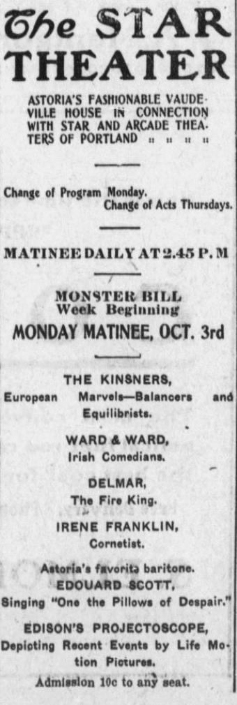 Weekly program Ad The Morning Astorian Oct. 02,1904 p.3 Oregon Historic Newspapers 