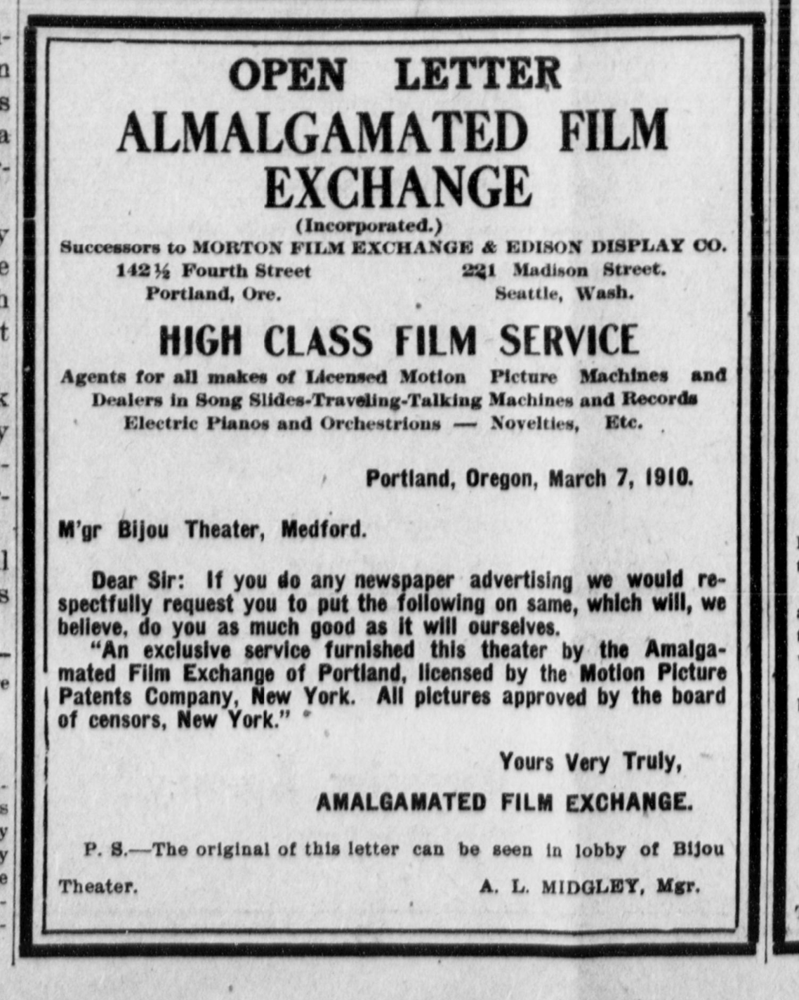 New films at the Bijou, 1910