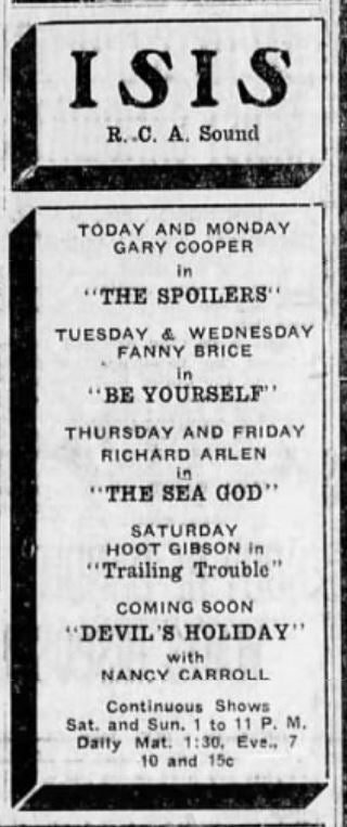 Isis theater ad, 1931