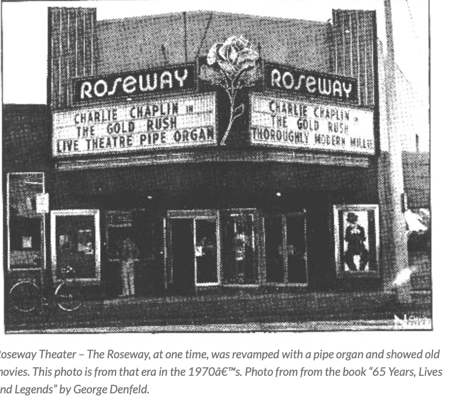 Roseway Theater in 1925 advertising Charlie Chaplin's news movie featuring a pipe organ