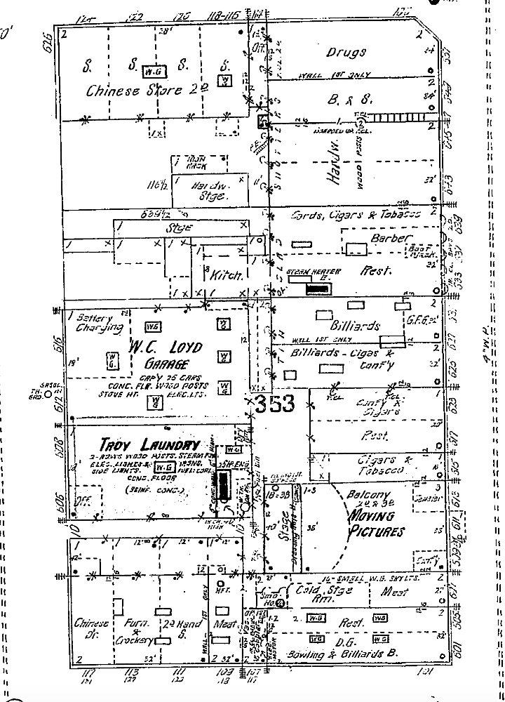 Location of the Rivoli Theatre on 351 South Main Street (block of Alta (now Dorion) and Main) Pendleton OR, c1922. Digital Sanborn Maps.