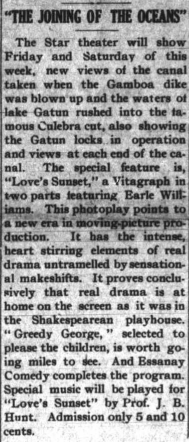 Ad for a showing Friday and Saturday, with a special feature: "Love's Sunset"