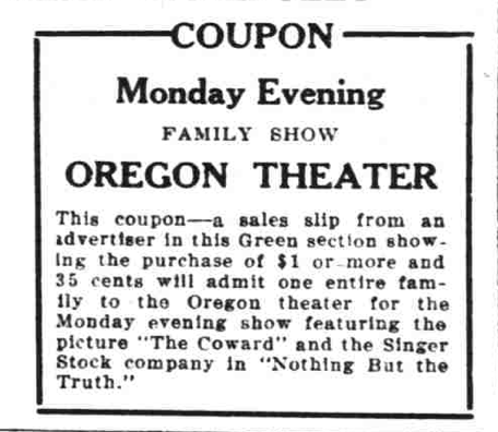 Coupon for a Family Show at the Oregon Theater in 1928