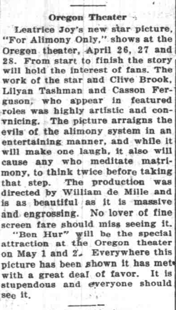 Newspaper clipping of show titled, "For Alimony Only" at the Oregon Theater in 1927