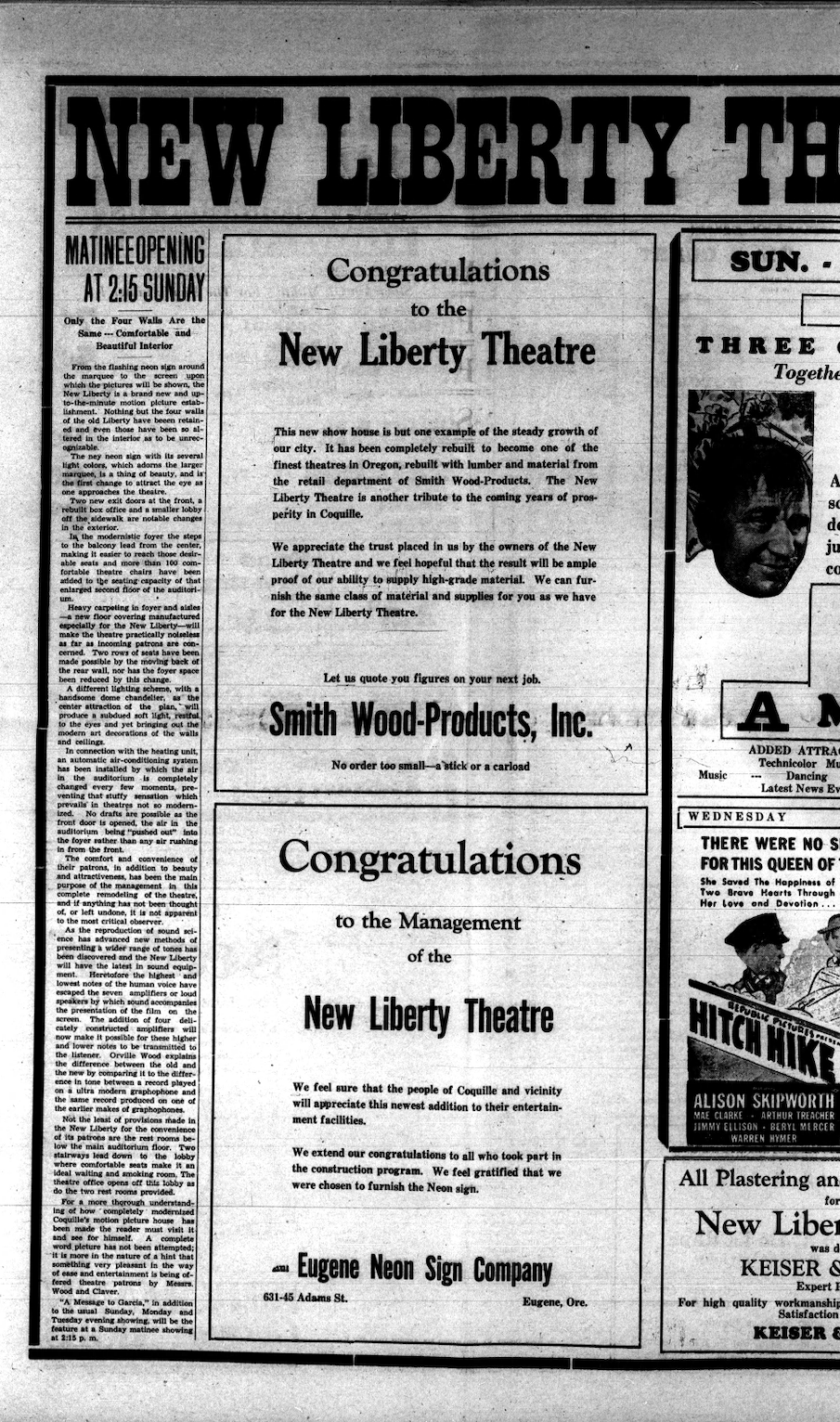 Ad about the reopening of the Liberty Theatre