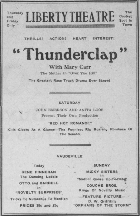 Advertisement for a Showing of "Thunderclap" at the Liberty Theatre