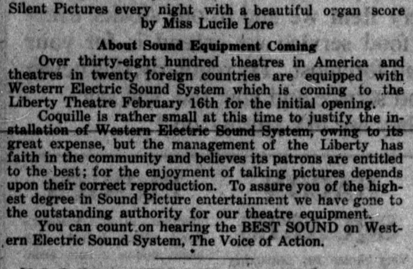 Liberty Theatre Ad about Sound Equipment